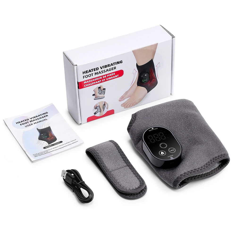 Heated vibrating foot massager with packaging, user manual, and charging cable on a white background
