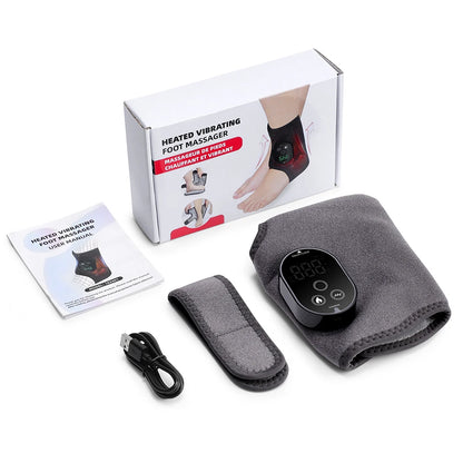 Heated vibrating foot massager with packaging, user manual, and charging cable on a white background