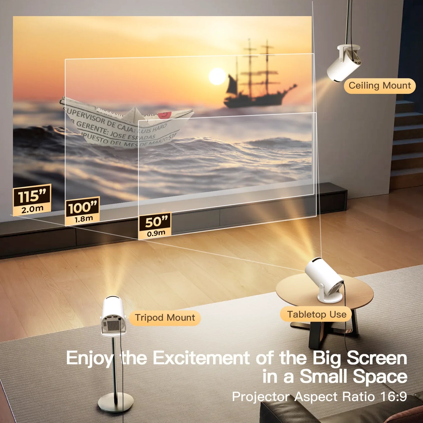 Projector displaying a scenic image in a room with furniture and a ceiling light.