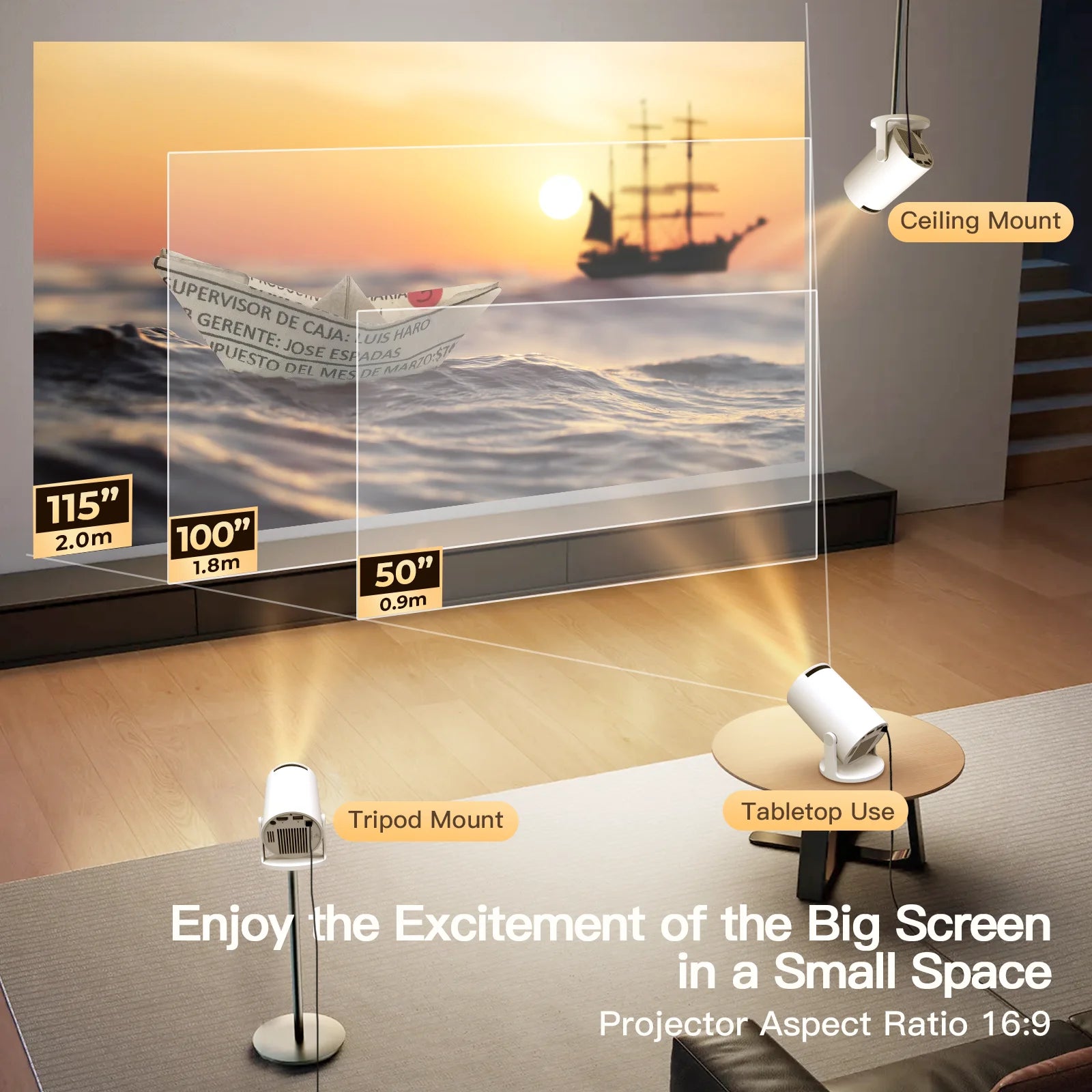Projector displaying a scenic image in a room with furniture and a ceiling light.