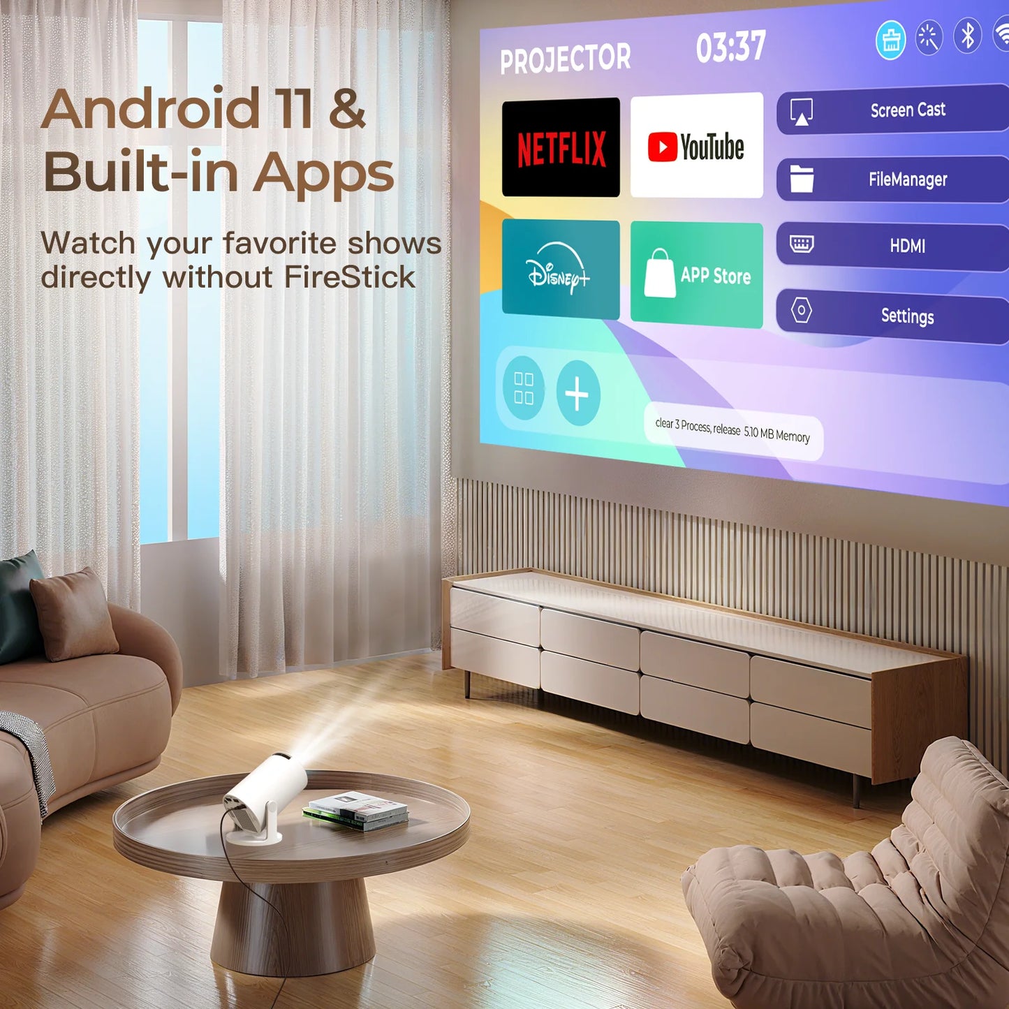 Living room with a projector displaying Android 11 interface and built-in apps.