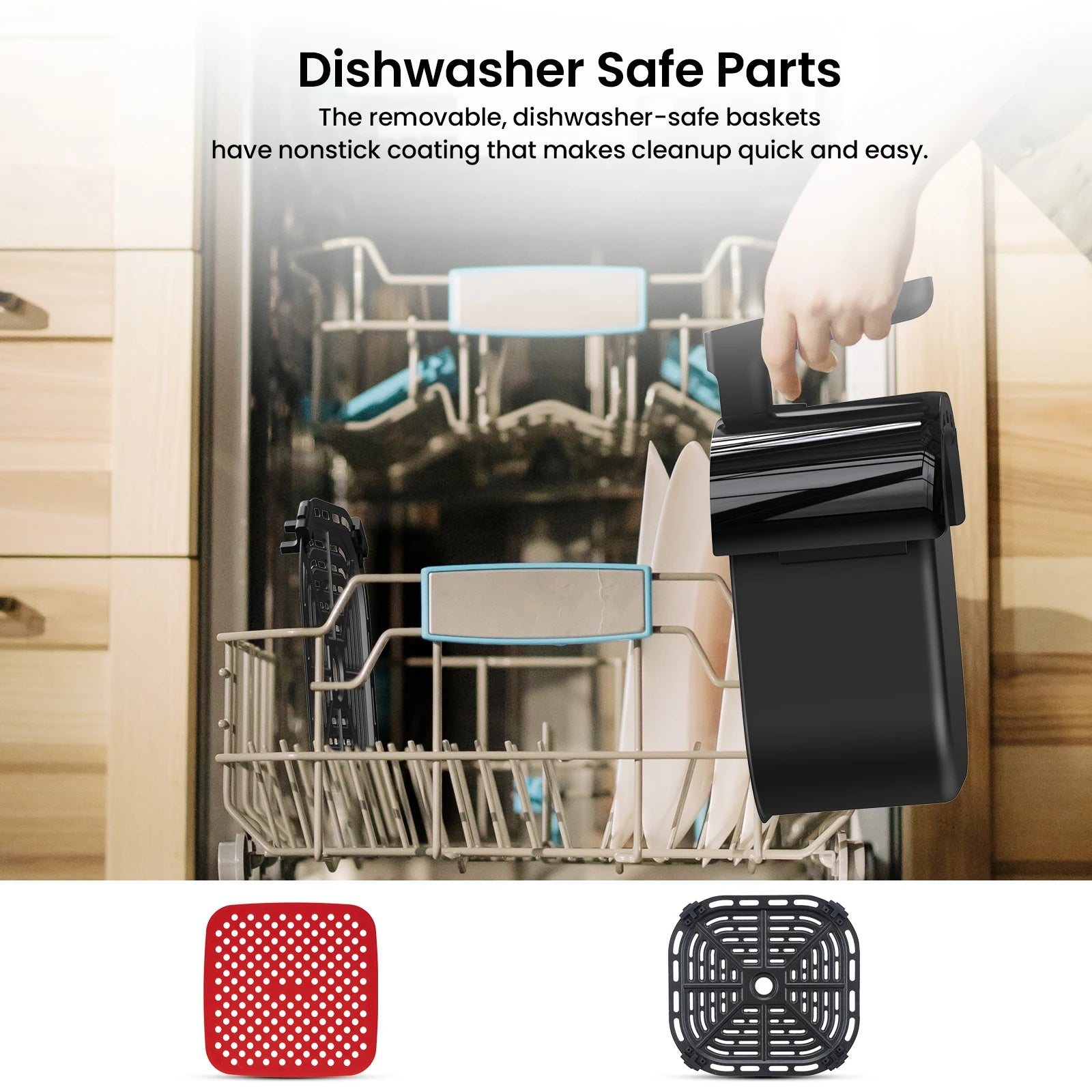 Dishwasher-safe parts with nonstick coating for easy cleanup, shown in front of a dishwasher.
