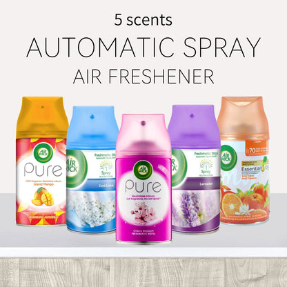 Five Air Wick air freshener bottles with different scents on a light background