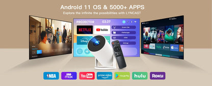 Smart TV with Android 11 OS and LYNCAST platform displaying various apps on a beige background.
