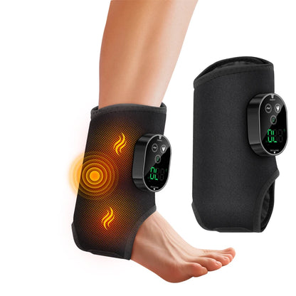 Black heating pad on a foot with digital display and heating icon, on a white background