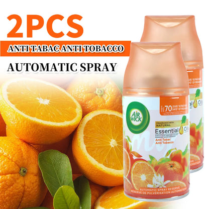 Air Wick automatic spray with oranges and text indicating anti-tabac and anti-tobacco properties.