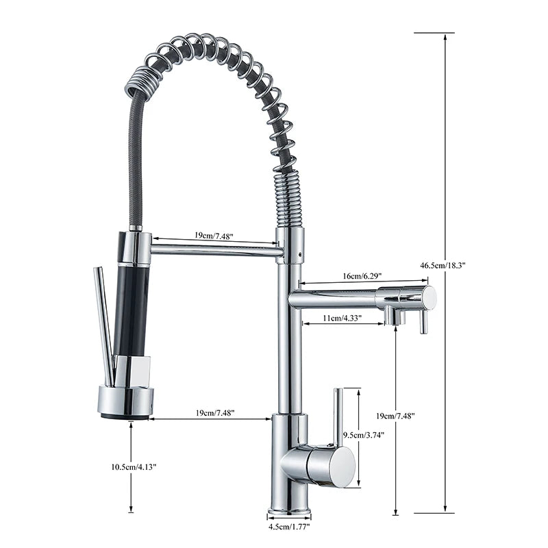 Chrome kitchen faucet with measurement details on a white background