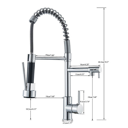 Chrome kitchen faucet with measurement details on a white background