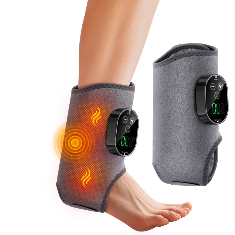 Gray ankle support brace with digital display and heating indicator on a white background