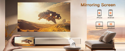 Smart TV displaying a desert scene with a hand mirroring the screen on a smartphone.