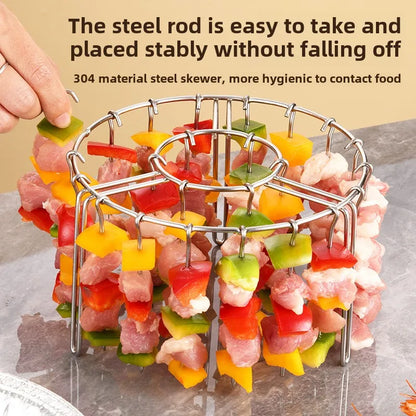 Close-up view of the silver metal skewer rack