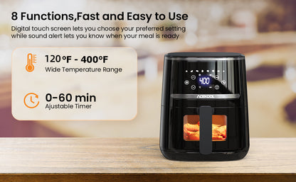 Digital air fryer with temperature and timer display on a wooden surface