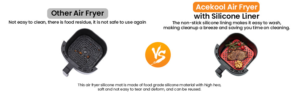 Comparison of a regular air fryer with a silicone liner air fryer, highlighting the benefits of the latter.