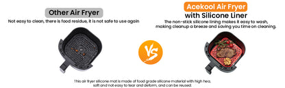 Comparison of a regular air fryer with a silicone liner air fryer, highlighting the benefits of the latter.
