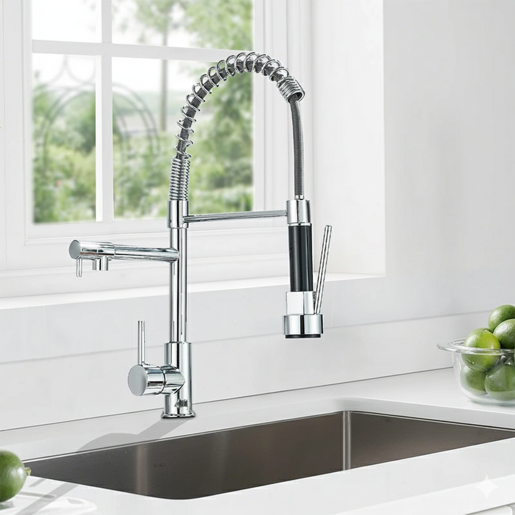 Modern kitchen faucet with a pull-down sprayer in a clean, white kitchen setting.